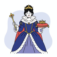 Cartoon Illustration of a Queen in Royal Blue Gown Holding a Scepter and Crown on a Cushion