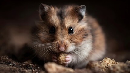Obraz premium A close up of a cute hamster eating a small piece of food with its paws