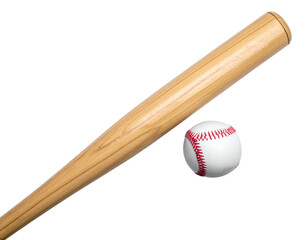  Wooden Baseball Bat and Ball on White Background, Classic Sports Equipment Isolated PNG
