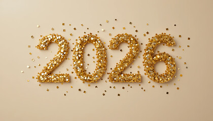 New year celebration decorations featuring sparkling 2026 numbers in golden hues for festive events and parties
