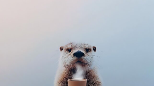 Adorable otter holding small coffee cup against soft blue background, perfect for social media content about morning routines or coffee breaks.