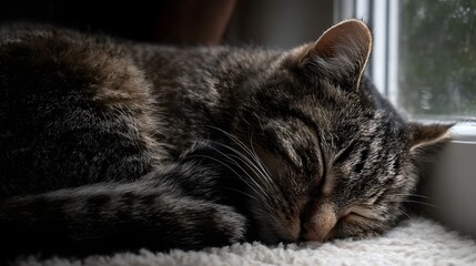 A tabby cat sleeps peacefully curled on a soft surface by a window