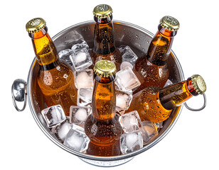  - Chilled Beer Bottles in Ice-Filled Metal Bucket, Perfect for Summer Parties, Isolated on Transparent Background