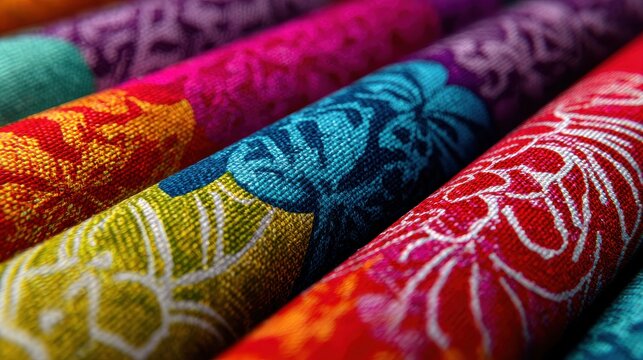 Elegant photo of vibrant and colorful textiles with intricate patterns rolled up. - Powered by Adobe