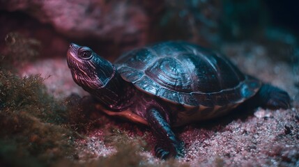 Close up of a red eared slider turtle resting on sand within a vibrantly lit terrarium