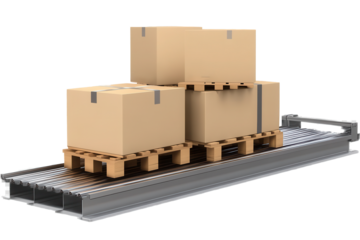 Three stacked boxes on pallets placed on a conveyor system in a warehouse for efficient storage and transport
