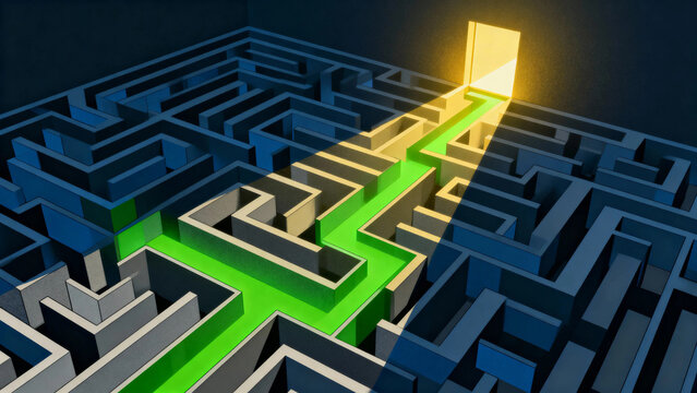 A 3D maze with a glowing green path leading to a bright exit door