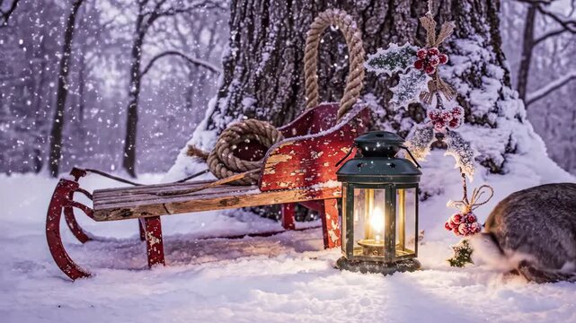 4K magical Christmas cinemagraph video with a bunny rabbit, sled, and lantern in a snowy forest.