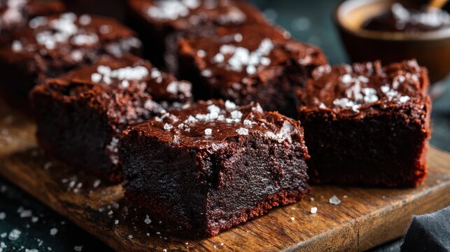 Elegant photo of rich dark chocolate brownies sprinkled with sea salt on a wooden board.