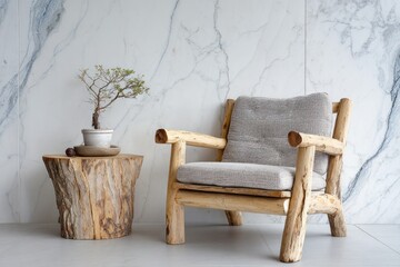 Rustic wooden chair and natural side table beside marble wall.