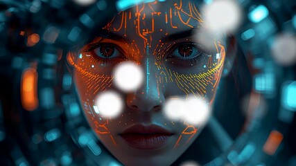 Woman face with glowing circuit patterns and holographic elements in blue digital interface - Powered by Adobe