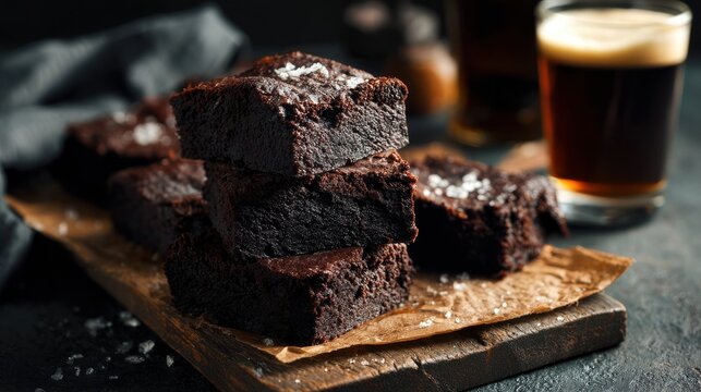 Elegant photo of rich dark chocolate brownies with sea salt and a glass of beer.