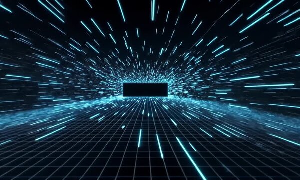 Abstract visualization of light speed travel or warp speed tunnel. Neon blue particles rush towards a central dark area over a grid floor. Represents fast data transfer, technology, quantum computing,