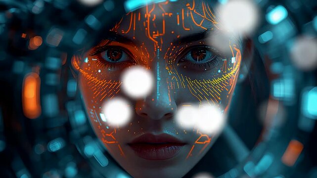 Woman face with glowing circuit patterns and holographic elements in blue digital interface