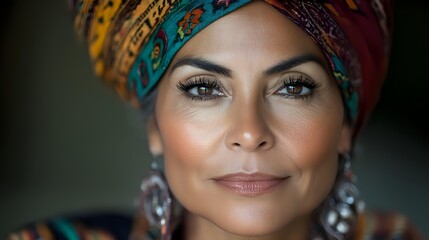 Portrait of middle-aged Hispanic woman wearing colorful traditional headwrap and silver earrings against dark background, conveying confidence and cultural pride.