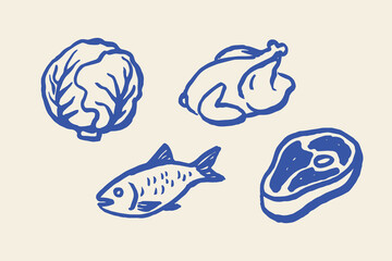 Meat fish and cabbage, naive brush sketch vector illustration © Victoria