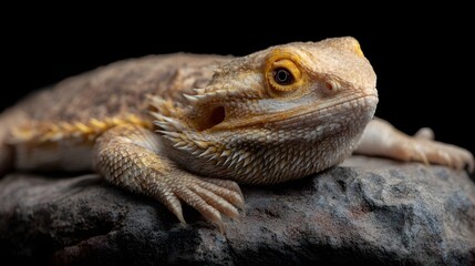 Bearded dragon lizard perched on a textured rock looking alert with warm studio lighting against a dark background