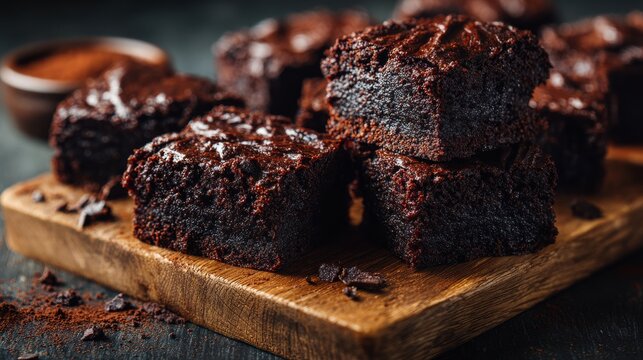 Elegant photo of delicious chocolate brownies stacked on a wooden board, dusted with cocoa powder.