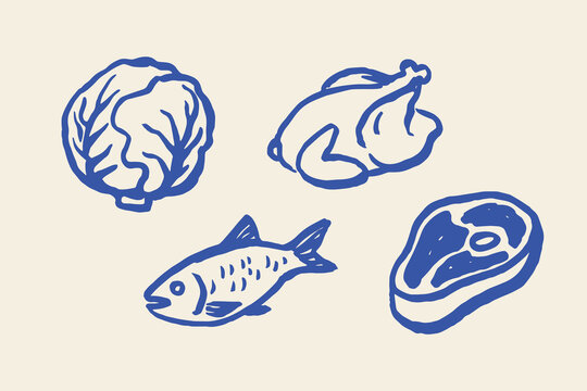 Meat fish and cabbage, naive brush sketch vector illustration