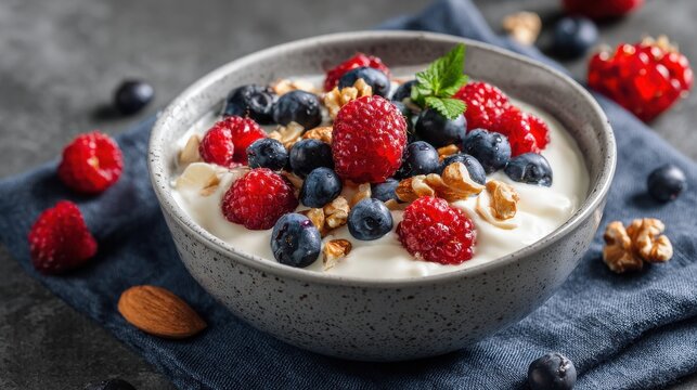 Elegant photo of healthy yogurt bowl with fresh berries and nuts for breakfast.