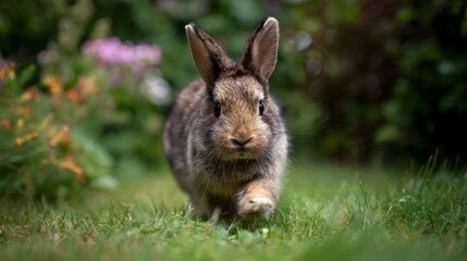 Fototapeta premium A cute brown rabbit hops forward through lush green grass in a garden with blurred flowers