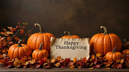 Horizontal Arrangement of Orange Pumpkins and Colorful Autumn Leaves on a Rustic Table with "Happy Thanksgiving" Note for Concepts of American Holiday, Harvest, and Seasonal Decor