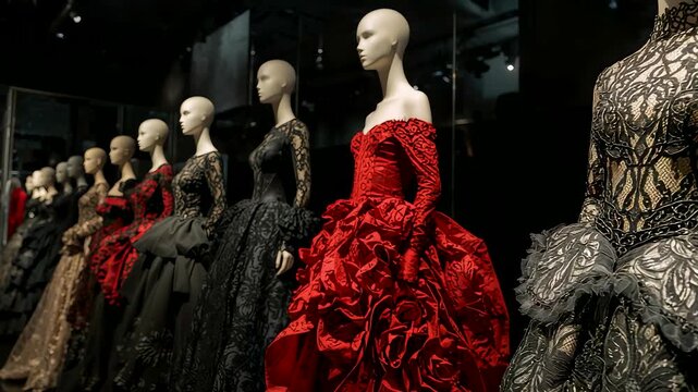 Elegant mannequins displaying luxurious evening gowns in dramatic red and black couture fashion lineup