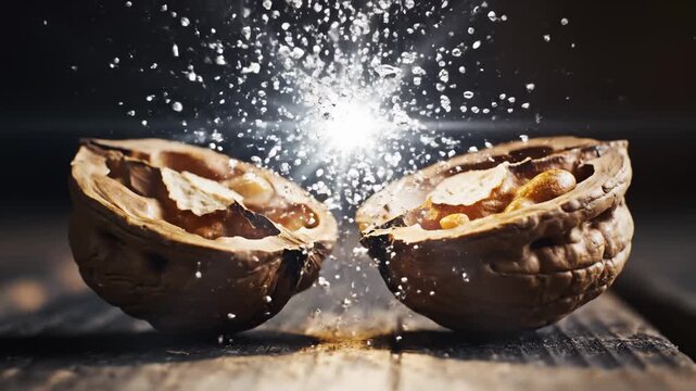 Walnut Exploding Open With Splintering Shell in Slow Motion