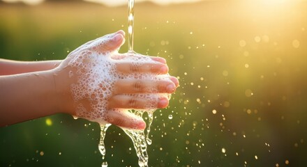Fototapeta premium Child Washing Hands with Soap and Water Outdoors