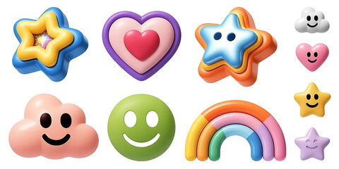 Set of groovy colorful stickers. Stars, heart, smile, cloud, rainbow. Inflated elements with plasticine effect. 3d rendering illustration.