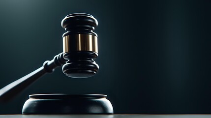 Obraz premium Dramatic close-up of wooden judge gavel against dark background with dramatic lighting, symbolizing law, justice and legal proceedings in courtroom setting.