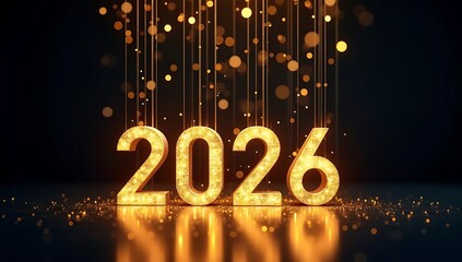 Sparkling Golden 2026 Text with Festive Glitter and Ambient Light, Perfect for New Year Celebrations and Future Milestones