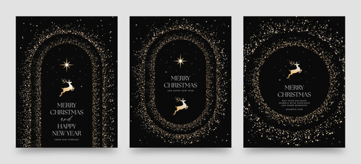 Luxury Christmas Flyer Templates with Gold Glitter Reindeer, Star and Elegant Black Background © BrandPacks