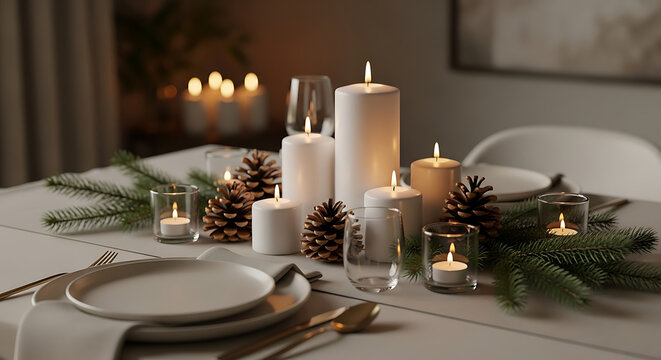 Warmly lit table setting with candles pinecones and evergreen branches
