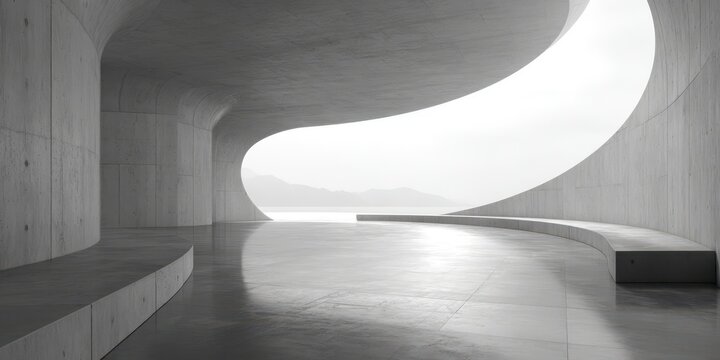 Elegant photo of modern concrete architecture with curved walls and natural light.