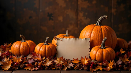 Rustic Autumn Still Life with Orange Pumpkins, Colorful Fall Leaves, and Blank Scroll for Copy Space on Dark Background for Concepts of Harvest Festival, Thanksgiving, and Seasonal Template