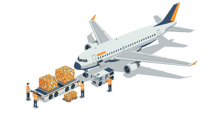 Cargo airplane loading scene with workers and packages in isometric style