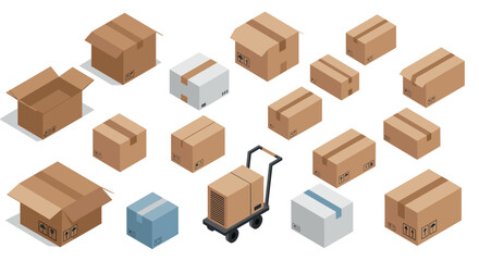 Fototapeta premium Isometric cardboard box set with hand truck for shipping and packaging