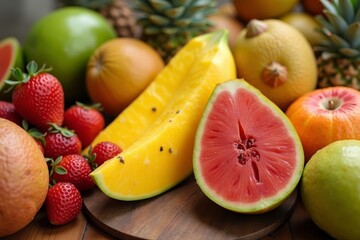 Vibrant Tropical Fruit Displayed on Wooden Table