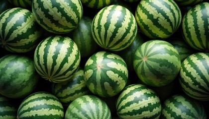 Pile of ripe watermelons arranged closely together. Group of round fruits with green stripes, ideal for summer themes and healthy eating. Sweet juicy melons create natural background.