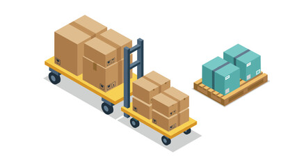 Isometric warehouse logistics with pallet jacks and carton boxes