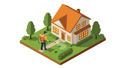 Pest control service in isometric style with worker spraying insects around suburban house