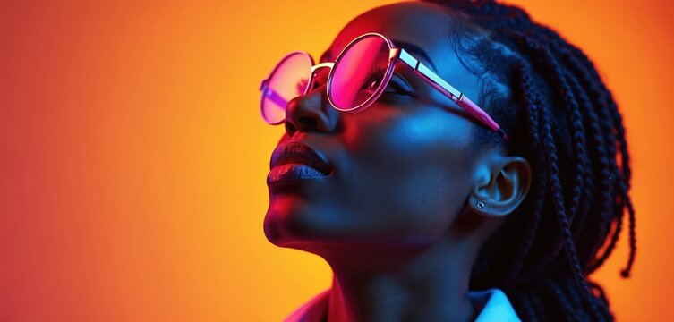 Young woman wearing glasses, looking upwards. Neon lighting in blue and pink hues against an orange backdrop. Offers ample copy space for design elements, suitable for healthcare.