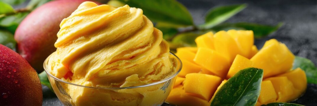 Elegant photo of delicious mango sorbet served in a glass bowl with fresh mangoes.