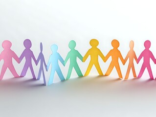 Colorful paper cutout figures holding hands in a row symbolizing unity, diversity, teamwork, and community connection on white background.