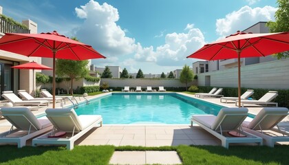 Luxury swimming pool area with red umbrellas and lounge chairs. Blue water reflects sky and clouds. Modern house with green lawn and trees surrounds pool.