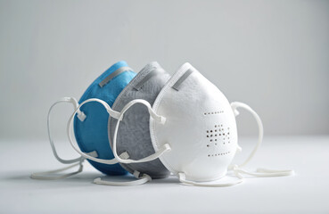 Three respirator masks in blue grey, white colors arranged on white surface. Personal protective equipment for respiratory health, safety. Air filtration devices prevent dust smoke or virus exposure.
