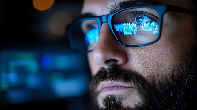Close-up of bearded Caucasian man with glasses reflecting blue digital data, working late at night on computer monitoring financial markets.