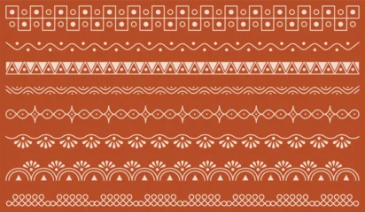 Canvas schilderij Boho stijl Tribal Border Pattern Set – Ethnic Geometric Line Ornament Collection in Terracotta Style  © fahmithl