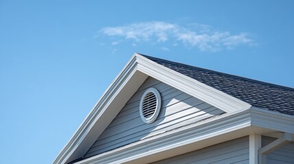 Elegant photo of closeup of a house gable with siding and a circular vent.